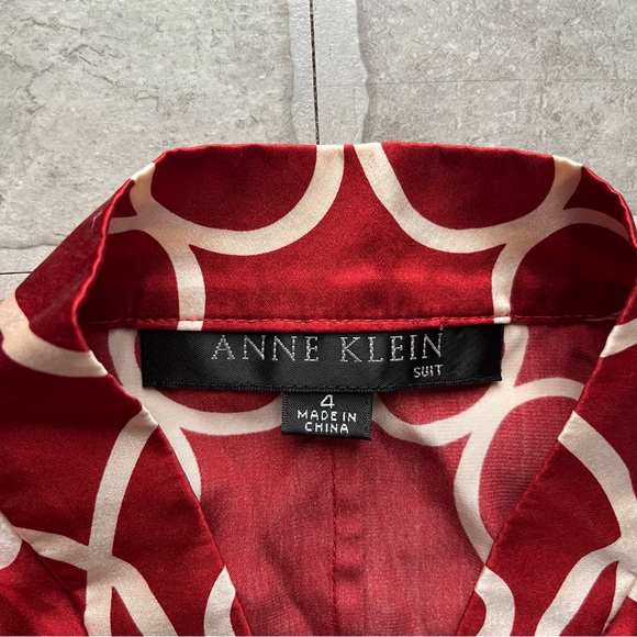 Anne Klein red silk blouse white swirl pattern sinched waist y2k women’s 4 - Picture 3 of 8